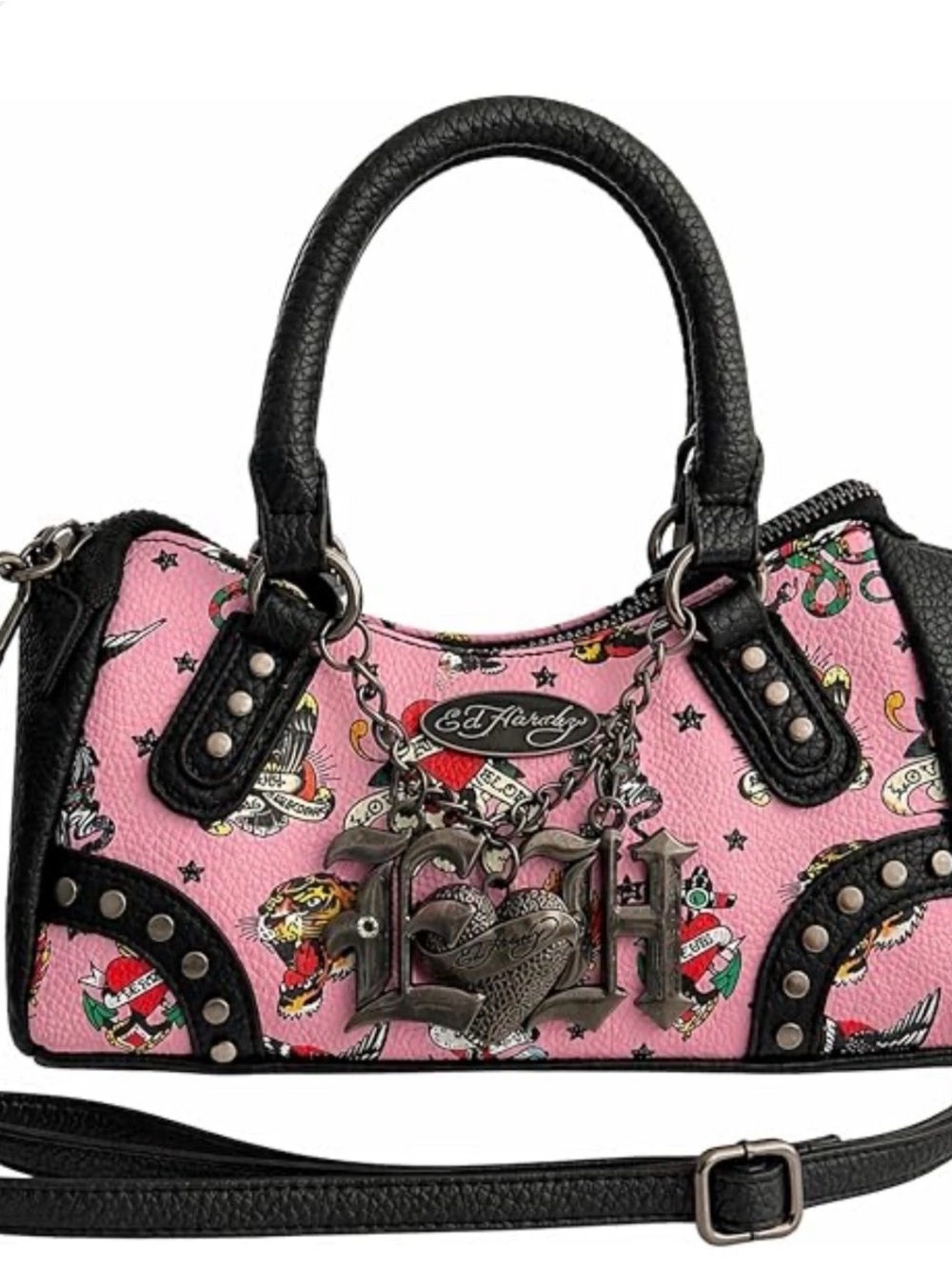 Ed Hardy Purse Pink Tattoo Print Satchel with Black Trim and Charm